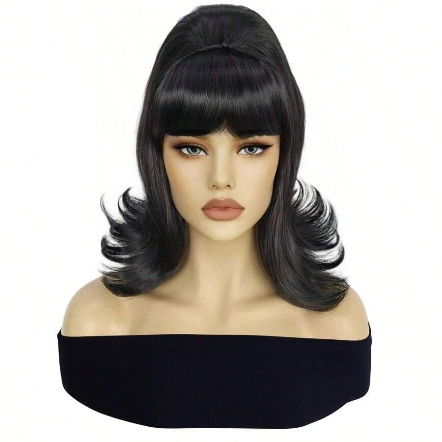 M+ Hair Cap Black Bob Wig For Women Cosplay Short Beehive Flip Wig With Bangs 60s Women Sythetic Styled Hair For Halloween Costume Party7001 - 黑色 - 查看 1