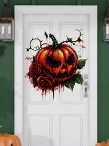 1pc Halloween Novelty Wall Decal, Creepy Pumpkin & Dark Rose Floral Vine Background Wallpaper Sticker, Self-Adhesive Decor For Bedroom, Living Room, Corridor, Entryway, Kitchen, Bathroom, Festive Home Decor Halloween Decor Fall Decor Room Decor Autumn Decor