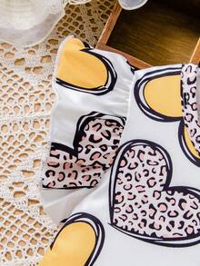 Set di 2 pezzi composto da maglietta con stampa leopardata a cuore + gonna plissettata con volant, stile principessa, adatto per occasioni estive come raduni familiari, fotografia e uscite, leggero e alla moda con un aspetto adorabile, primavera/estate