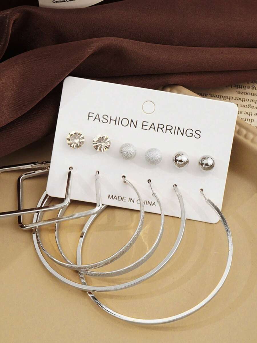 6 对超大 C 形装饰耳环，时尚百搭大圈耳环套装，个性化珠宝批发 - 銀色 - 查看 1