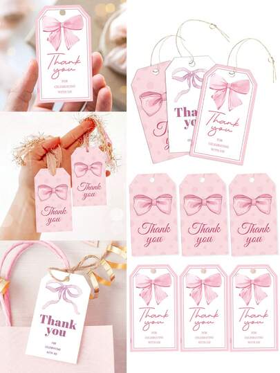 50pcs Pink Bow Thank You Gift Tags, Hanging Gift Tags With Jute Twine To Celebrate With Us, Wedding, Birthday, Shower Party Gift Decoration Tags, Celebrating Birthday, Anniversary, Baby Christening, Wedding, Bridal Shower, Graduation, Thanksgiving, Christmas, Etc.