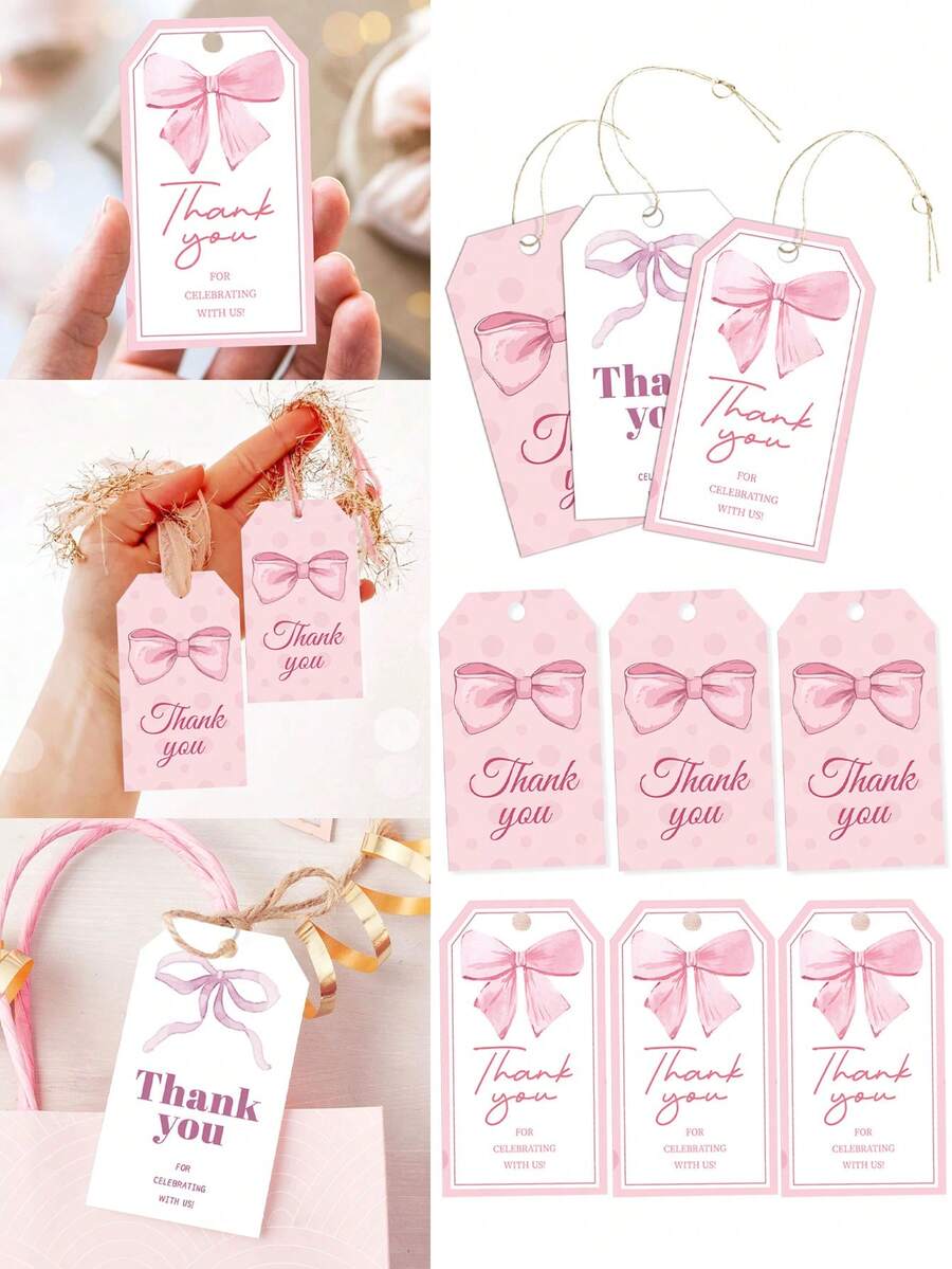 50 Stücke rosa Schleife Dankeschön Geschenk Anhänger, Geschenk Anhänger mit Juteband zum Feiern mit uns, Hochzeit, Geburtstag, Babyparty Geschenk Deko Anhänger, zum Feiern von Geburtstag, Jahrestag, Babytaufe, Hochzeit, Bridal-Shower, Abschluss, Erntedankfest, Weihnachten, usw.