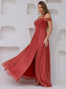 Long Off-The-Shoulder Party Dress With Sparkle For Bridesmaid, Wedding, Princess Graduation - 亮橙色 - 查看 2