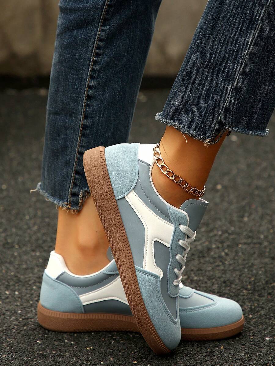 1 par de tênis casuais respiráveis com cadarço, sapatos brancos para adolescentes, adequados para primavera, verão e outono - Azul - Ver 1