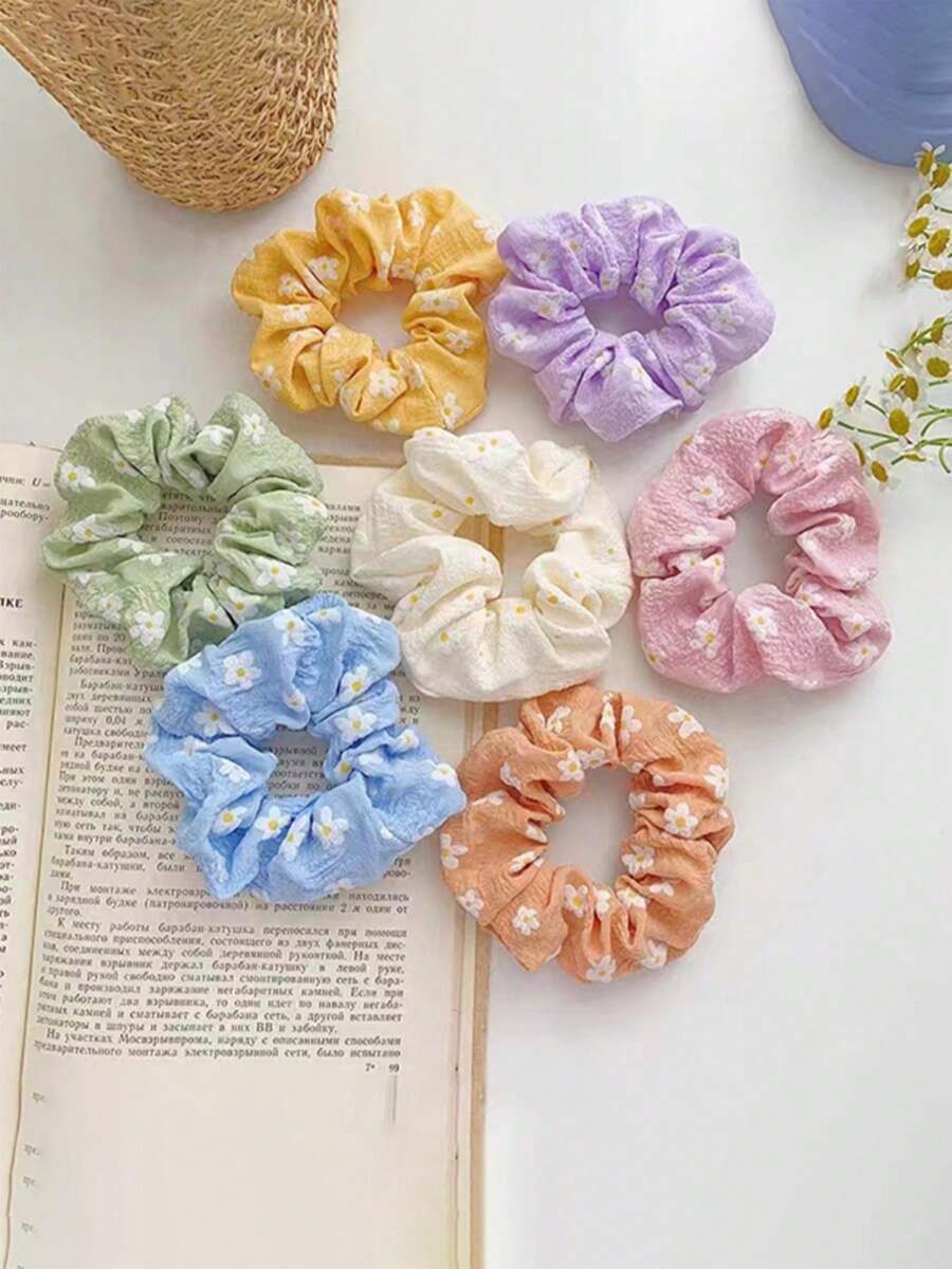 7pcs Women Cute Floral Print Large Hair Scrunchies, Ponytail Holders, Casual Elastic Hair Ties For Daily Use, Polyester Material, Scrunchy Hair Ties, Hair Bobbles