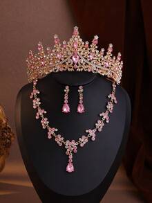 4pcs Elegant Baroque Rhinestone Crown Necklace And Earrings Set, Suitable For Wedding And Party Occasions - 粉色 - 查看 1