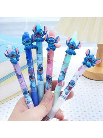 6 pezzi Penne cancellabili con punzonatura, fermagli appendi, penne a sfera retrattili con gomme blu, articoli di cancelleria con elementi Disney, adatti per la scuola e uso quotidiano, forniture per studenti, ricompense per il ritorno a scuola