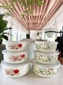 3pcs Enamel Baking & Serving Set, Multi-Functional Sealed Food Storage Containers, Provide 12/14/16 Capacity Storage Containers For Fruits And Vegetables, With Lids, For Fresh Produce, Portable Lunch Box, Freezer , Dishwasher Lunch Box, Patterned Design Fashionable Enamel Bowls With Lids, Soup Bowl, Salad Bowl, Enamel Fridge Container Microwave , Ideal For Home Kitchen, Office, School Lunch, Outdoor Camping Picnic.