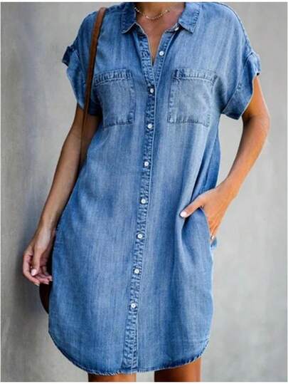 Women Denim Shirt Dress Button-Down Pocket Lapel Neck Short Sleeve Curved Hemline Summer Dresses