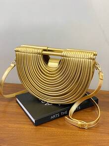 2025新款夏季时尚创意手工编织金色手提包，女士钱包，独特派对包，半圆形包，可单肩斜挎，适合度假、通勤、聚会、舞会和派对