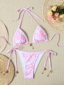 欧美风蓝色碎花比基尼套装纯色度假沙滩分体泳衣时尚印花金属装饰性感音乐节夜店泳衣 - 粉色 - 查看 1