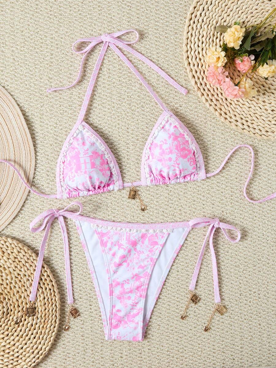 欧美风蓝色碎花比基尼套装纯色度假沙滩分体泳衣时尚印花金属装饰性感音乐节夜店泳衣 - 粉色 - 查看 1