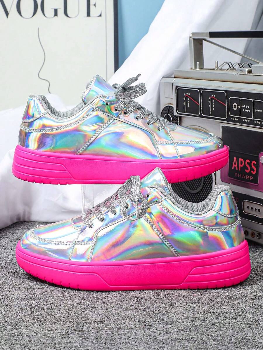 Glossy Silver Metallic Minimalist Casual Shoes, Durable Soft Pink Sole Christmas Party Couple Sneakers, High Street Sports Walking Shoes, Gift For Men, Skateboarding Shoes - 炫彩銀玫紅底 - 查看 1