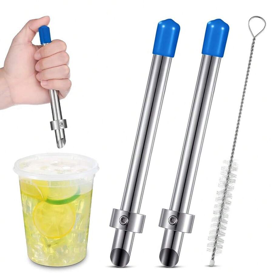 FUCHENGJSLasnten 2 Pack Straw Puncher Plastic Lids Lemonade Cups, Stainless Steel Straw Hole Puncher Punching Tools Cafe Drinks Container Squeezed Lemonade Stand Supplies(8.Inch,Black) - 藍色 - 查看 1