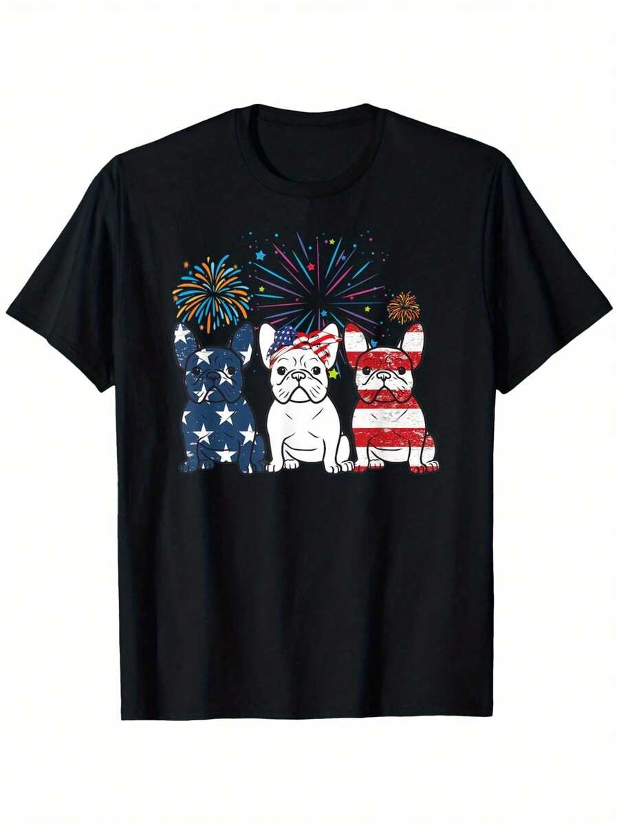 Camiseta de Bulldog Francés con Bandera Americana del 4 de Julio, Día de la Independencia, 100% Algodón, Cuello Redondo, Regalo de Halloween, Acción de Gracias, Navidad para Hombres, Mujeres, Familia, Amigos, Regalos de San Valentín para Novio, Novia, S-XXXL - Negro - Ver 1