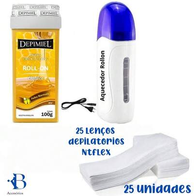 KIT Aparelho Aquecedor De Cera Quente Roll On + Refil De Cera Rolon + 25 Papel