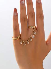 1pc Fashion Copper Inlaid Square Cubic Zirconia Connected Finger Ring, Sparkling Tassel Chain Necklace For Women, Luxurious Gold Jewelry Suitable For Daily, Wedding, Party Accessories, Wedding Season Gift - Gold - View 6