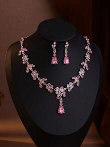 4pcs Elegant Baroque Crystal Crown Necklace And Earrings Set, Suitable For Weddings And Events - 淺粉色 - 查看 2