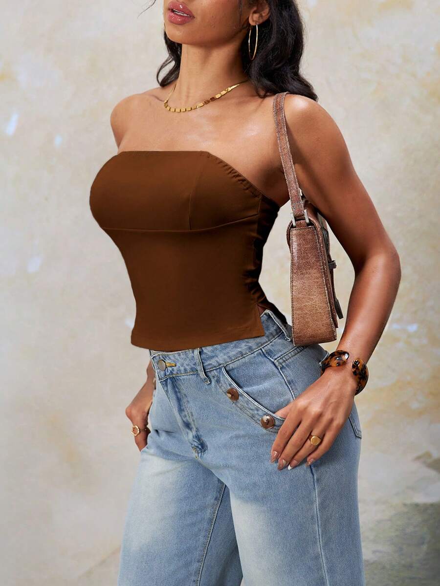Women's Summer Solid Color Slit Hem Camisole (Without Bra Pad) - Brown - View 1