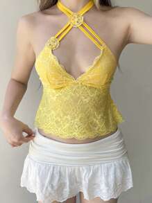 Women's Halter Neck Lace Tops Sleeveless Open Back Slim Fit Flower Cami Tops Summer Shirts