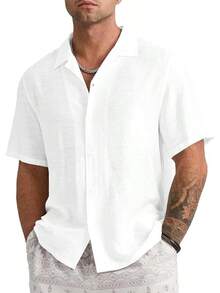 Mens Linen Button Down Shirts Short Sleeve Basic Cuban Regular Fit Wedding Summer Beach Tops - 白色 - 查看 1