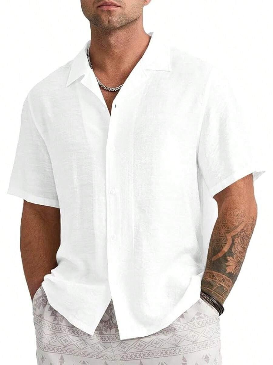 Mens Linen Button Down Shirts Short Sleeve Basic Cuban Regular Fit Wedding Summer Beach Tops - 白色 - 查看 1
