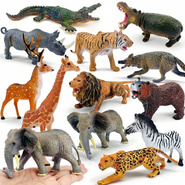 Hay 12 tipos para elegir, que incluyen modelos de animales sólidos de gran tamaño hechos de material PVC, animales salvajes realistas, figuras decorativas pintadas a mano con aspecto real, como jirafas, elefantes, leones, tigres, ciervos sika, lobos salvajes, rinocerontes, hipopótamos, cebras, guepardos, cocodrilos, osos pardos, juguetes y modelos de juego de zoológico, juegos de decoración de escritorio y regalos de festival.