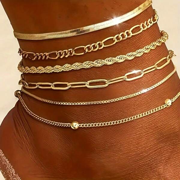 6Pcs Waterproof Gold Anklet For Women Layered Cuban Chain Fishbone Chain Cute Anklet Set Summer Beach Jewelry Gift For Women And Teen Girls