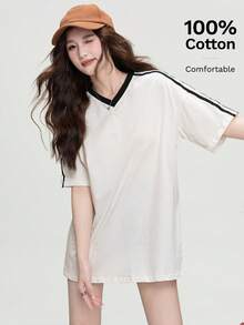 时尚女士宽松休闲插肩袖条纹T恤 - 634米白拼黑 - 查看 3