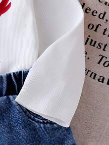 2 pièces/set Top t-shirt à manches courtes imprimé cerises pour bébé fille et jupe en jean plissée avec broderie de cerises - Blanc - Voir 9