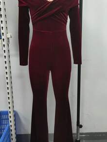 女士优雅纯色露肩天鹅绒红色连体裤、婚礼连体裤、万圣节女士服装 - 酒紅色 - 查看 1