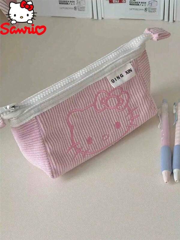 Sanrio 1pc Cute Sanrio Hello Kitty Corduroy Pencil Case, Large Capacity Stationery Storage Bag For Girls, Desk Organizer Pouch For School, Office & Travel, Suitable For Students & Teenagers