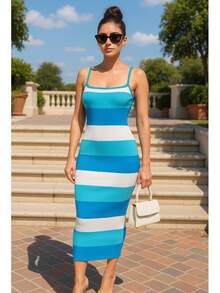Multi Stripe Stretchy Knit Midi Dress  Colorblock  Striped    Casual  Elegant    Rib-Knit    Beach - Màu xanh lam - Xem 2