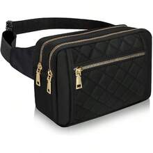 Cute Large Fanny Packs Women And Men, Body Nylon Waist Bag,, Fashionable Fanny Pack Exercise, Travel, Gym, Workout, Running, Hiking, Quilted - Black - View 1