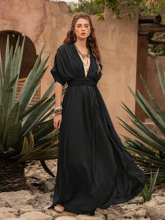 Faeriesty BohoBloom 波西米亚深 V 领蝙蝠袖长裙，配有可调节腰带和高开衩 - 非常适合海滩度假和休闲外出