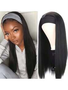 BigTrse 女士头带假发 黑色直发 合成头带假发 无胶 耐热 自然 适合日常派对使用 - 彩色 - 查看 2