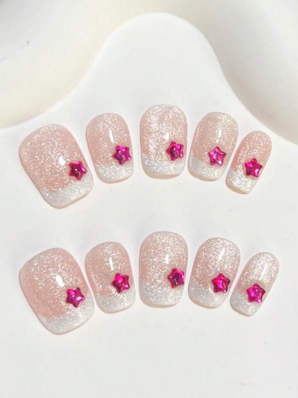 10pcs Basic French Square Nail Tips, Handmade Elegant Reusable Press-On Nail Stickers, Suitable For Ladies & Girls In Various Occasions, With Nail Tools