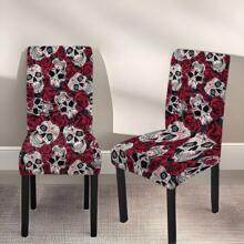 1 件/2 件/4 件/6 件万圣节花卉和骷髅印花节日家居装饰椅套，高弹力全套可拆卸可洗椅子保护套，适用于家庭、季节性装饰