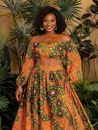 Faeriesty 大码优雅露肩喇叭袖短款上衣搭配高开衩中长裙套装 - 度假风夏季穿搭，适合海滩、花园派对、休闲外出、约会之夜