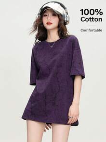 Áo thun cotton cổ tròn dáng rộng JUTU, màu tím nho, kiểu Mỹ, thiết kế thường ngày, chất liệu cao cấp, áo thun nữ mùa xuân/hè. - 0A41 Nho tím - Xem 2