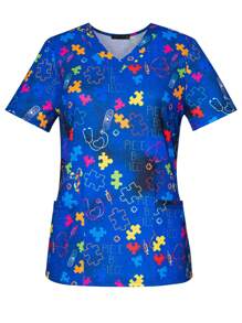 Top da infermiera con maniche corte, scollo a V, con stampa a cuore e puzzle, per primavera ed estate, con tasche, per donna