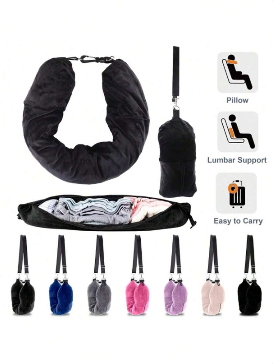 旅行枕可填充衣服、行李枕套、柔软毛绒填充物、多功能 U 型枕、可用作枕头、旅行颈枕、储物袋、旅行包、飞机枕、多功能便携、旅行枕、颈部支撑、U 型、旅行枕、旅行必需品。适用于：飞机火车、汽车、旅游商务、户外露营、午睡。舒适的可洗头枕。 - 彩色 - 查看 1