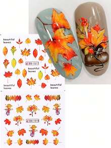 12/24款/张 3D 秋季枫叶美甲贴纸，DIY 秋叶转印贴纸，圣诞冬季 DIY 美甲装饰贴片，美甲沙龙配件工具，美甲用品 美甲贴纸 - 彩色 - 查看 2