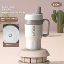 Leak-Proof 304 Stainless Steel Insulated Travel Mug, With Foldable Straw-Sipping Lid And Handle, For Hot/Cold Drinks Back To School