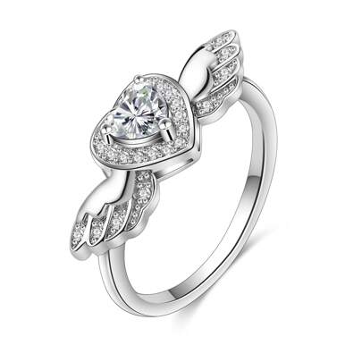 1 pièce Bague Moissanite en forme de cœur de 0,5 carat, bague en combinaison de cœur et d'aile plaquée platine en argent sterling 925, convient pour le port quotidien et les occasions formelles