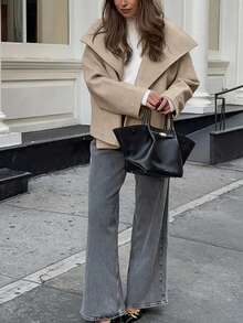 1pc Solid Color Thick Wool Blend Pocket Double Breasted Zipper Women Coat, Casual Autumn/Winter