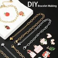 10pcs/Set Heart Shaped Pendant Chain Bracelet Suite, Stainless Steel Adjustable Jewelry Findings With Lobster Clasp, For DIY Jewelry Making