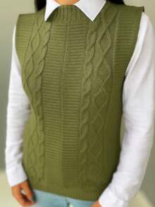 Women's Knitted Vest Braid Max Vest Overlay Knit Fashion Blogger - Verde militar - Ver 1