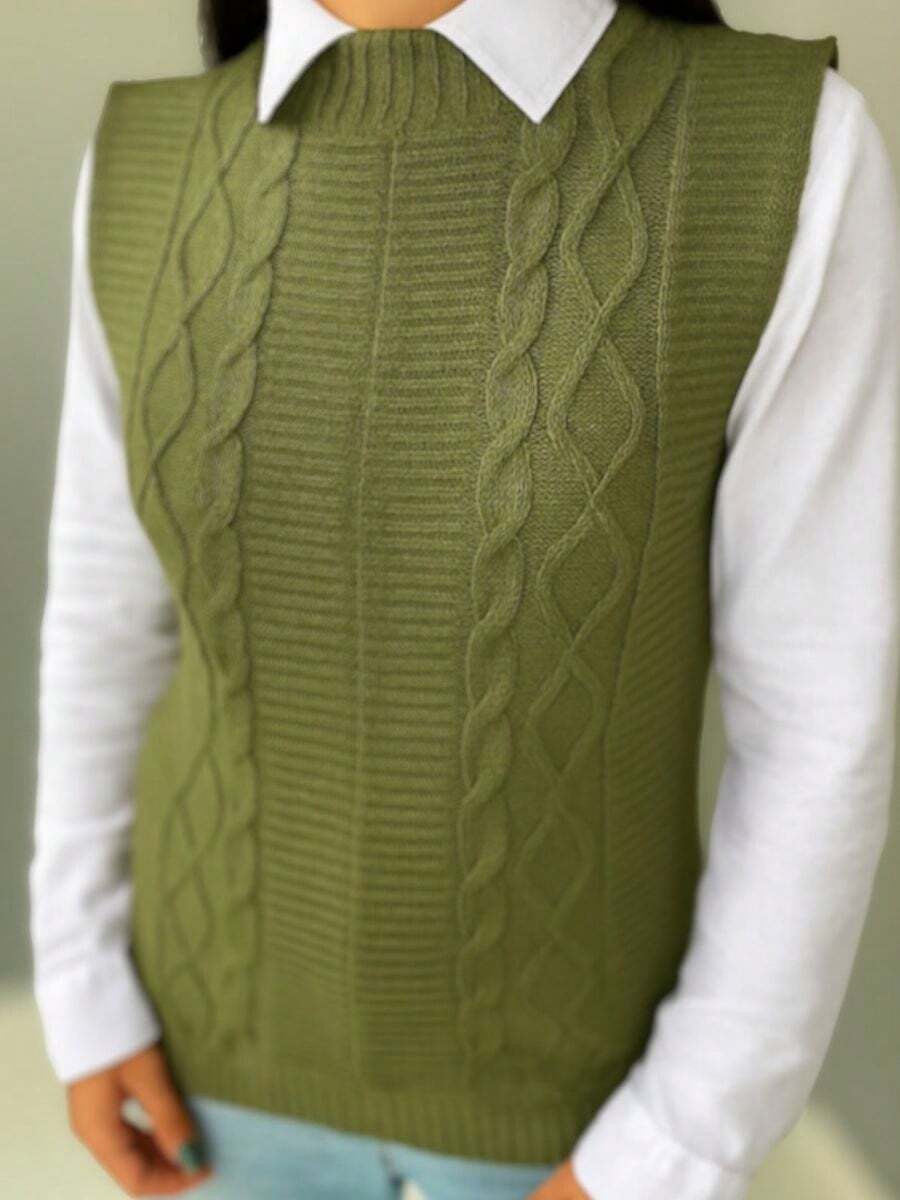 Women's Knitted Vest Braid Max Vest Overlay Knit Fashion Blogger - Verde militar - Ver 1