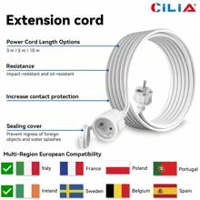 CILIA EU Power Extension Lead With Shuttered Socket - 3m/5m/10m - Flexible Rubber Cable